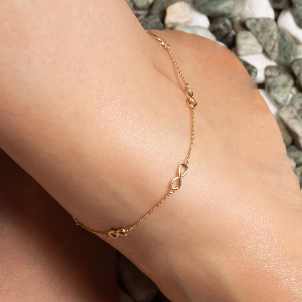 14K Solid Yellow Gold Infinity Eternity Ankle Bracelet Anklet Adjustable 9"-10"